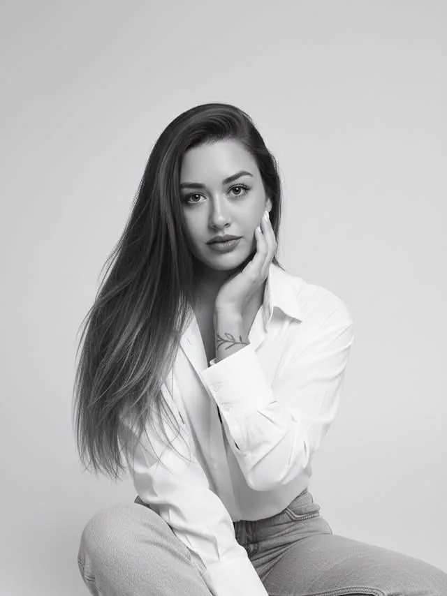 Júlia Voss em retrato profissional em preto e branco